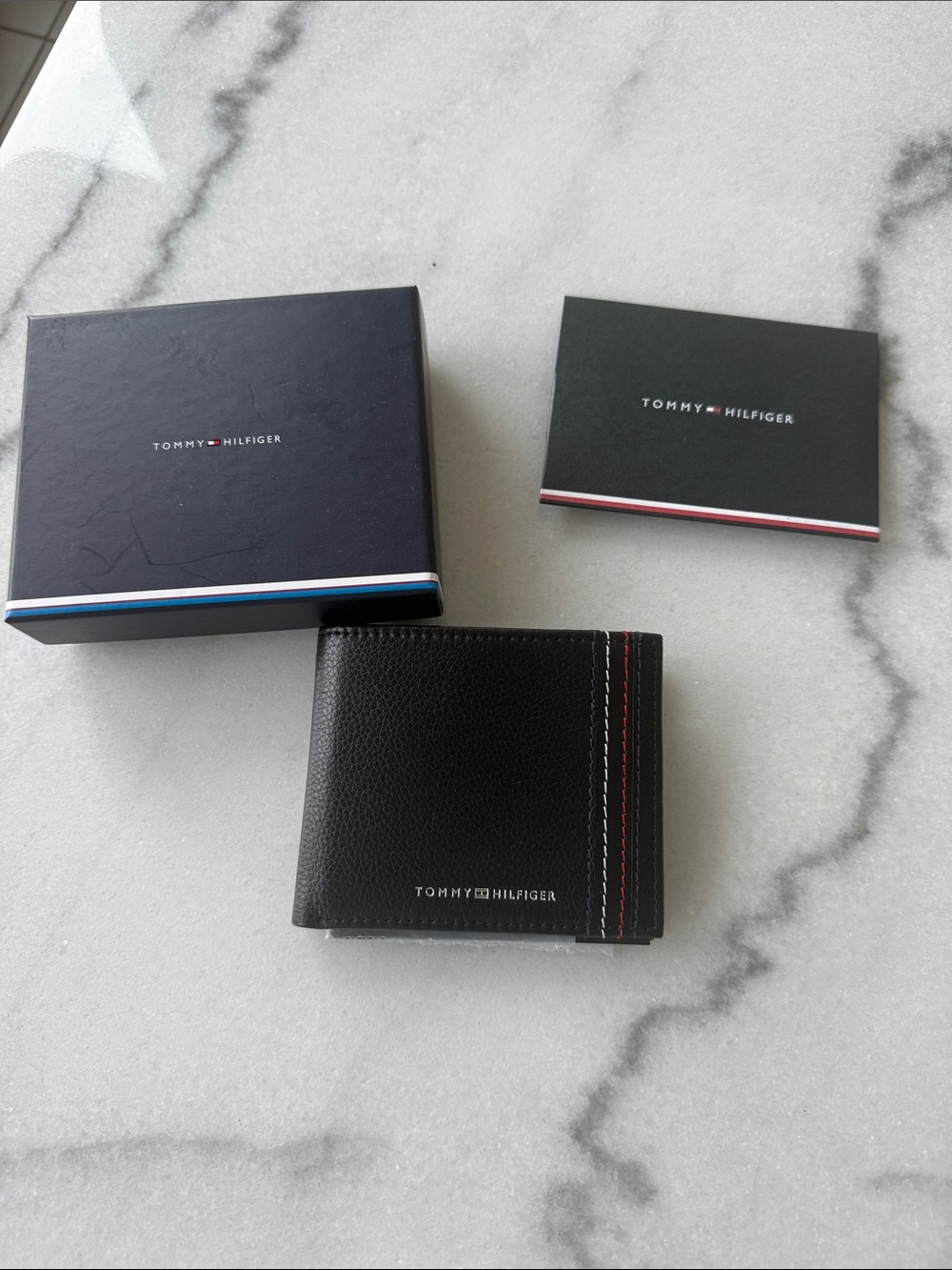 Tommy Hilfiger Black Leather Wallet with Signature Tricolor Stitching